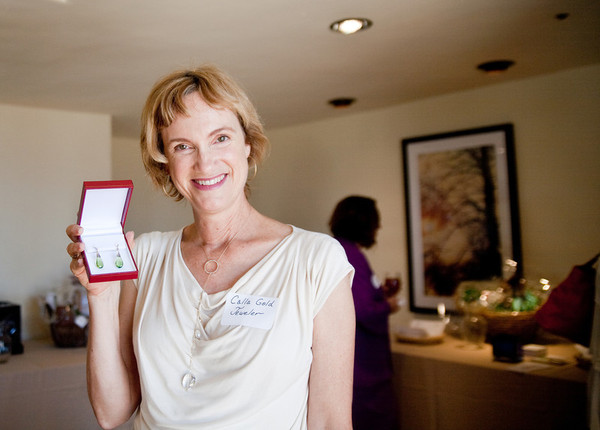 Calla Poses Donated Earrings at Association of Women in Communications Awards Luncheon, Santa Barbara 2012