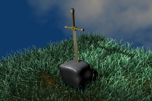 A Sword stuck in a stone on some floating grass...